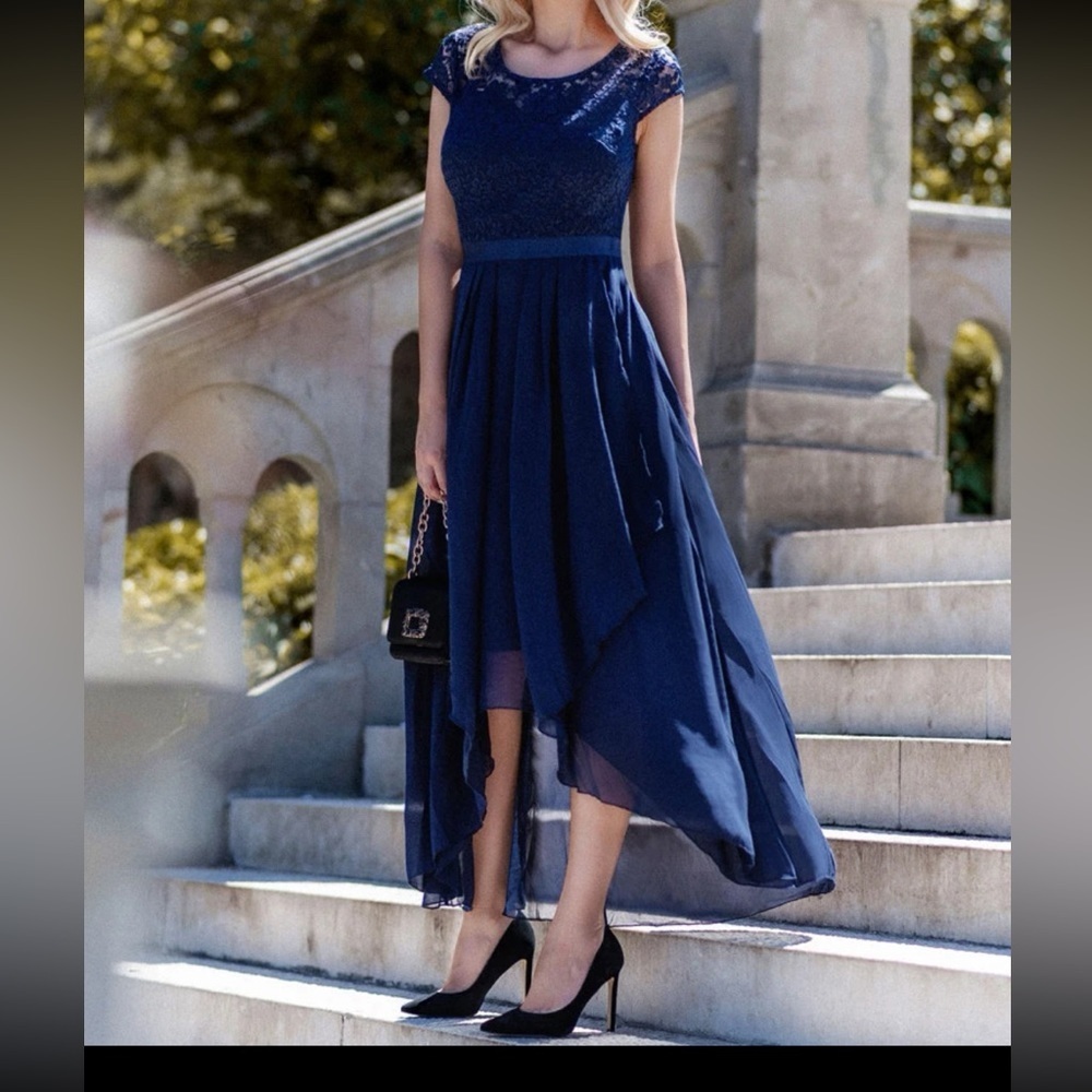 MIUSOL lace insert high low hem ruffle formal dress